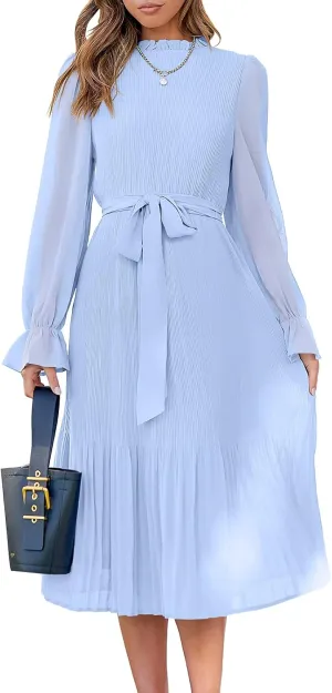 ANRABESS Women's Floral Midi Dress Puff Long Sleeve Casual Ruffle Chiffon A-Line Swing Pleated Belted Tea Party Dresses