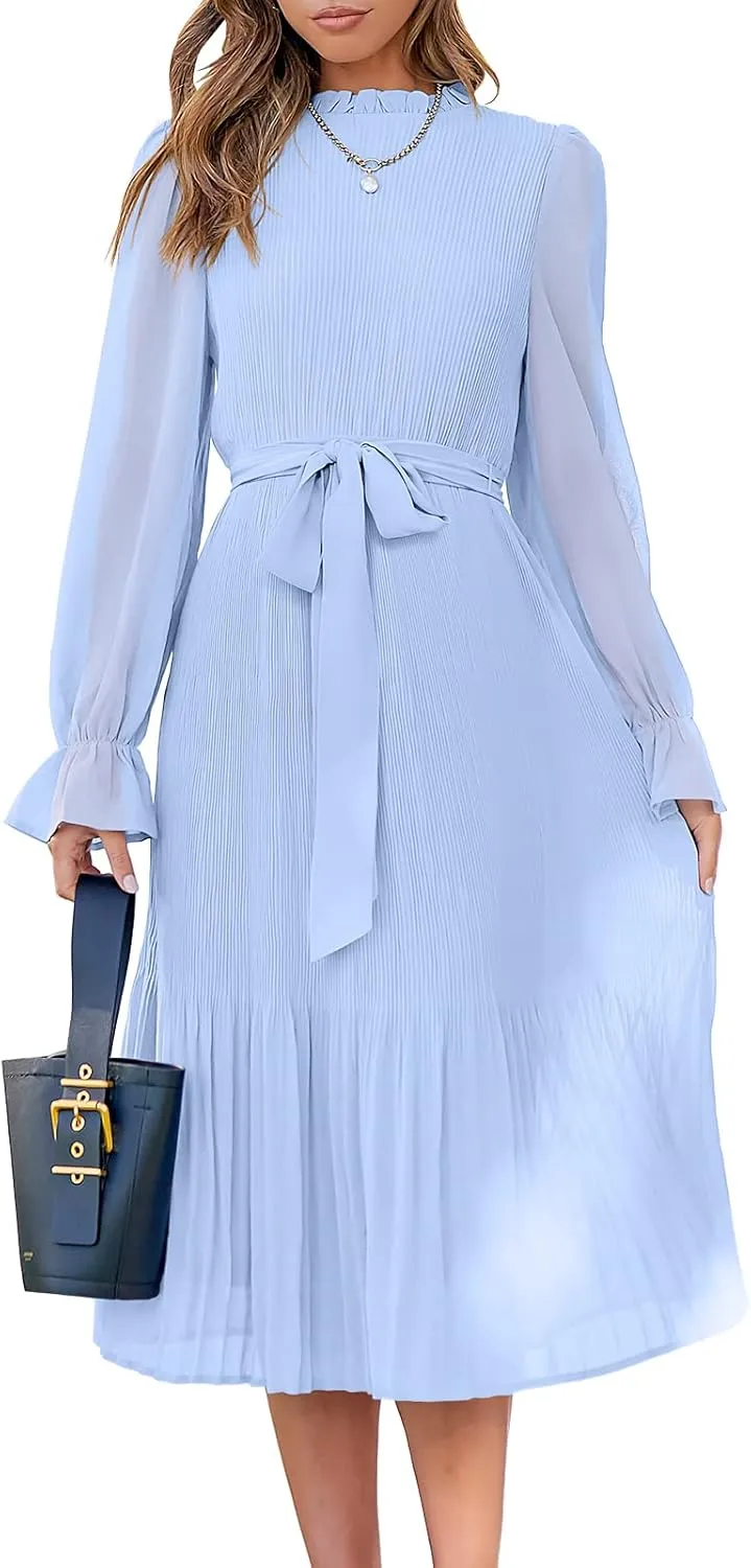 ANRABESS Women's Floral Midi Dress Puff Long Sleeve Casual Ruffle Chiffon A-Line Swing Pleated Belted Tea Party Dresses
