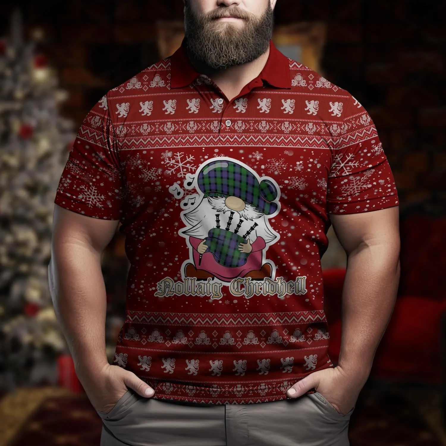 Blair Clan Christmas Family Polo Shirt with Funny Gnome Playing Bagpipes