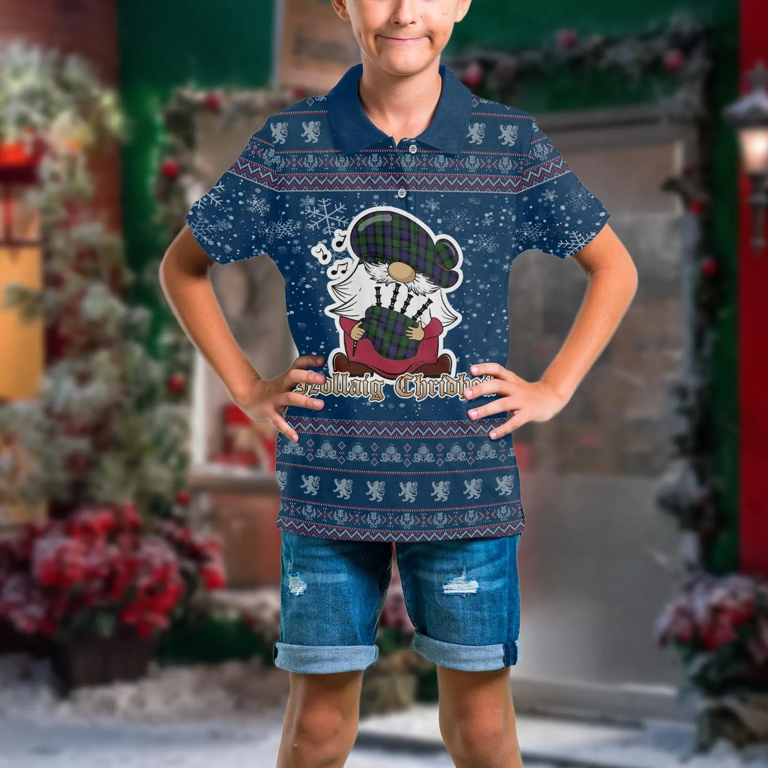 Blair Clan Christmas Family Polo Shirt with Funny Gnome Playing Bagpipes