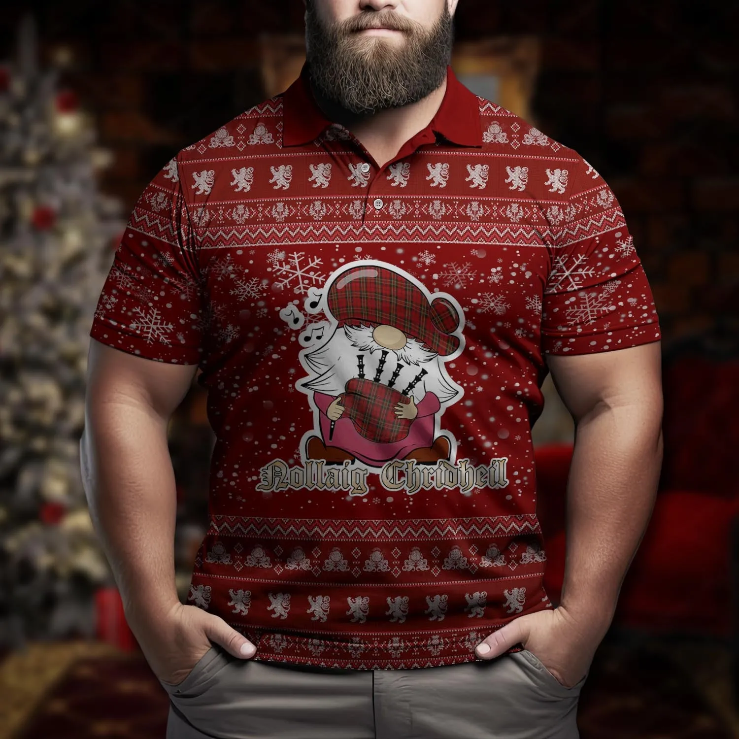 Brodie Clan Christmas Family Polo Shirt with Funny Gnome Playing Bagpipes