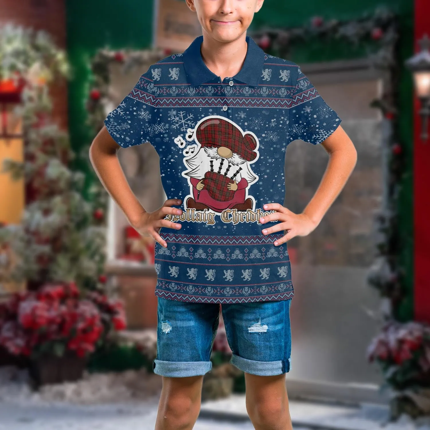 Brodie Clan Christmas Family Polo Shirt with Funny Gnome Playing Bagpipes