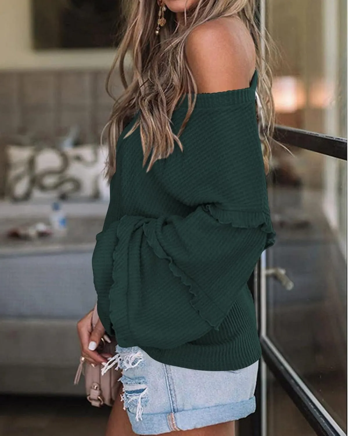 BTFBM Women's V Neck Long Sleeve Blouse Loose Fit Tunics Ruffles Off Shoulder Waffle Knit Solid Color Tops Fall Tee Shirts