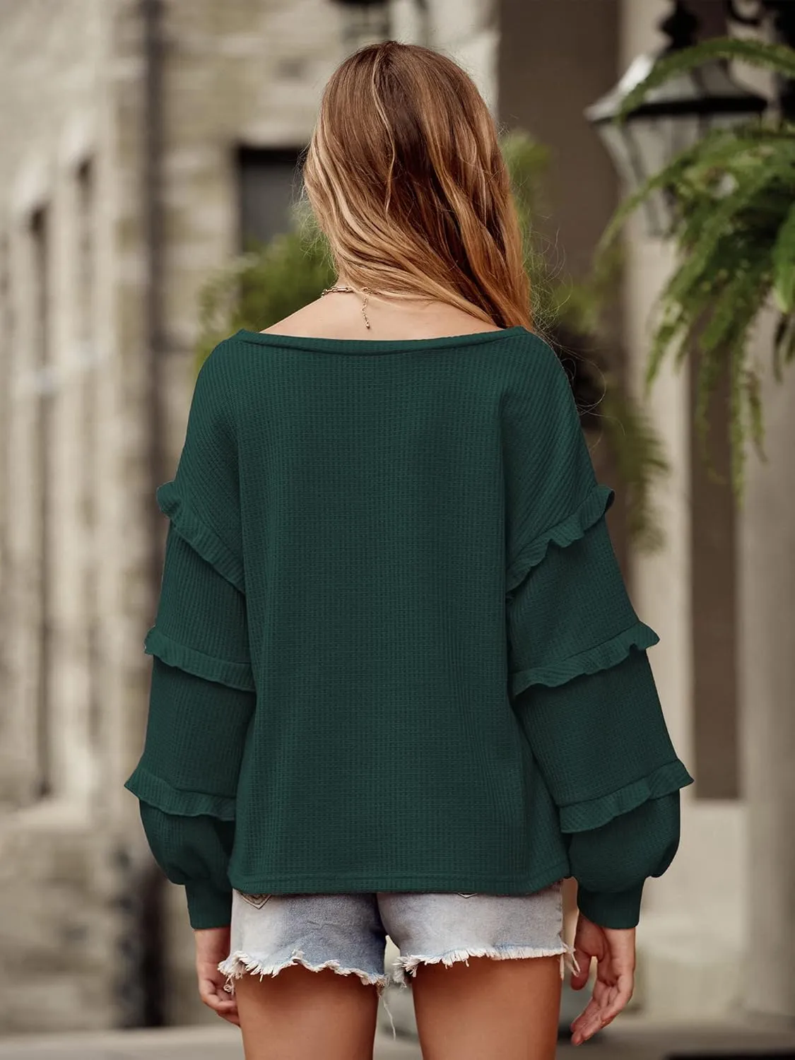 BTFBM Women's V Neck Long Sleeve Blouse Loose Fit Tunics Ruffles Off Shoulder Waffle Knit Solid Color Tops Fall Tee Shirts