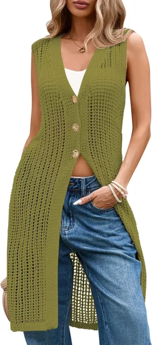 Cakulo Womens Sleeveless Crochet Cardigans Beach Cover Up 2025 Summer Long Knit Sweater Vest Tops