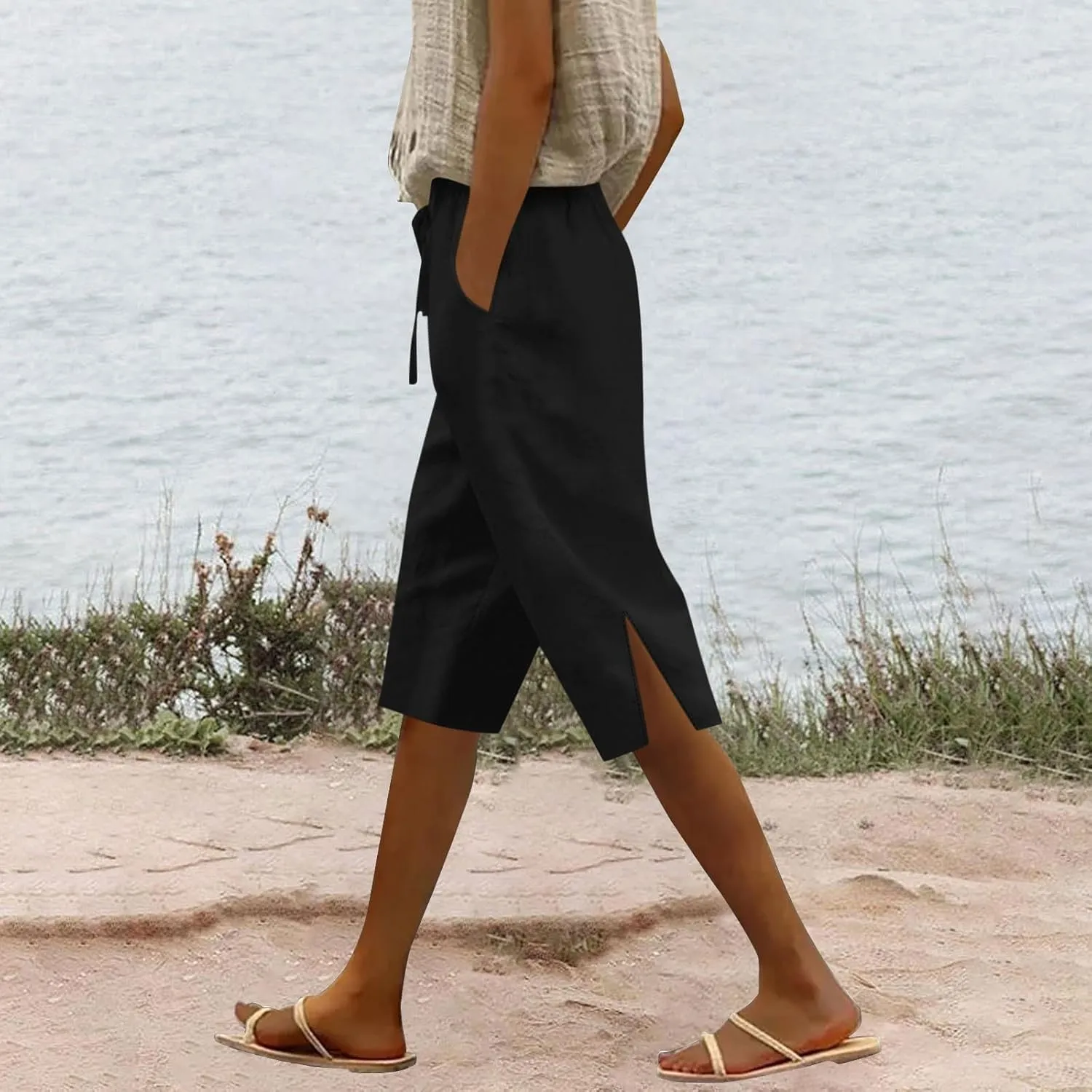 Capri Pants for Women Casual Summer Linen Cropped Pant Drawstring High Waisted Wide Leg Trouser Beach Vacation Capris