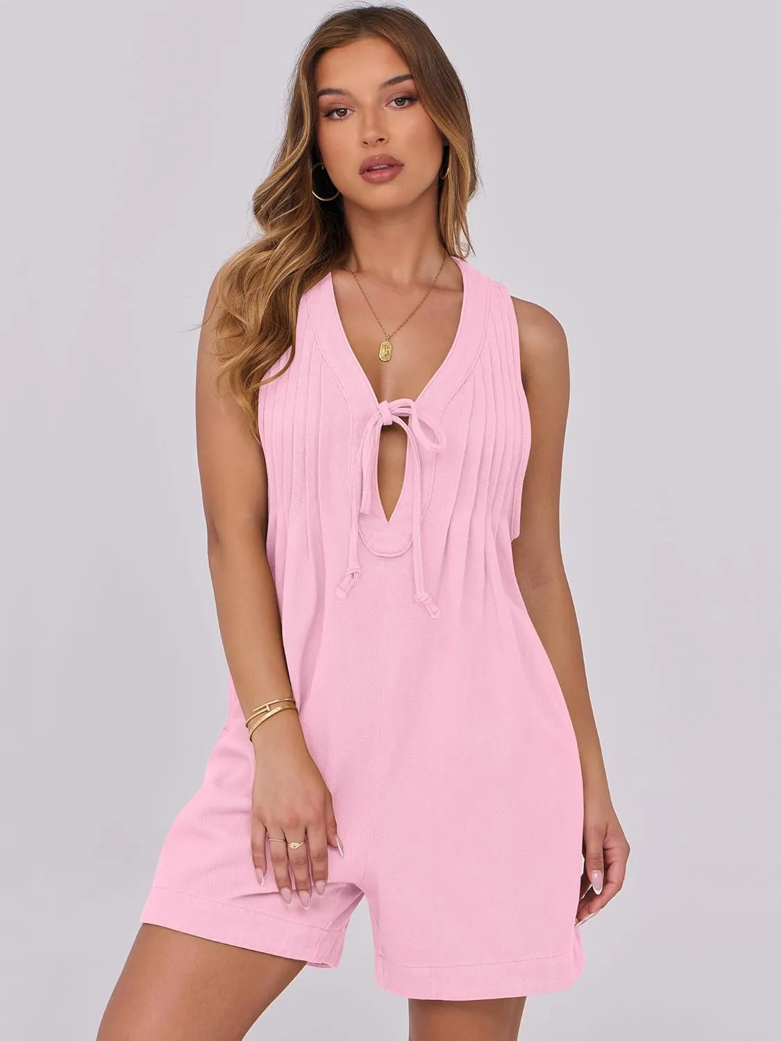 Caracilia Women Oversized Denim Romper Summer Casual V Neck Tie Front Sleeveless Jean Jumpsuits Short Overalls with Pockets