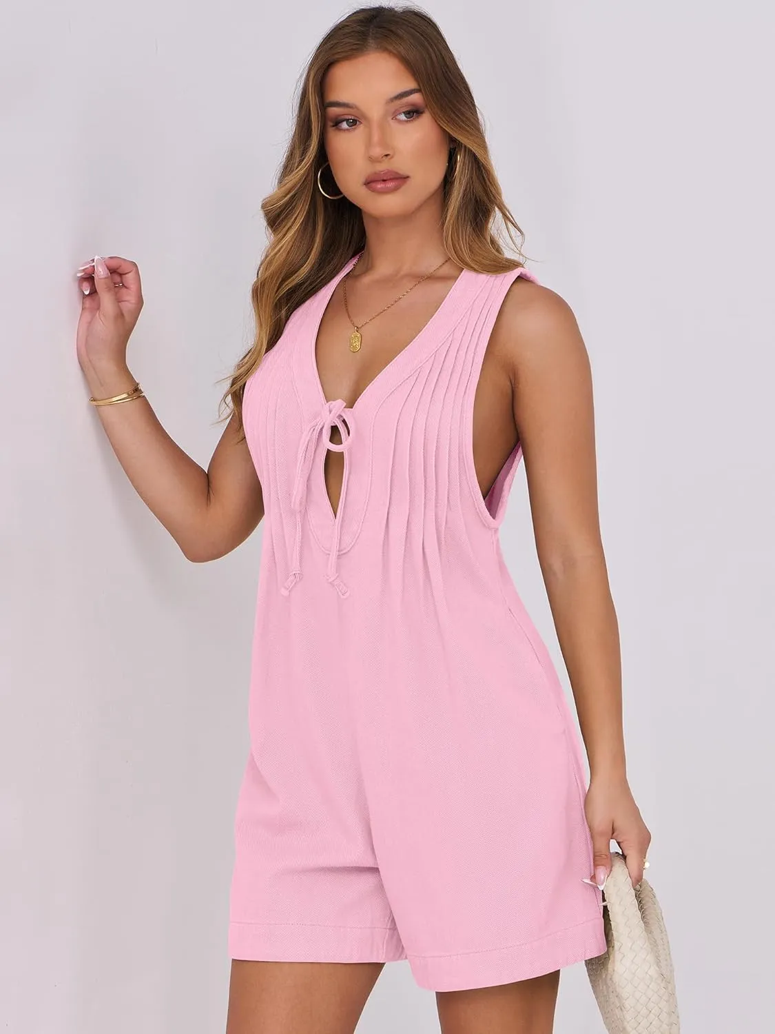 Caracilia Women Oversized Denim Romper Summer Casual V Neck Tie Front Sleeveless Jean Jumpsuits Short Overalls with Pockets