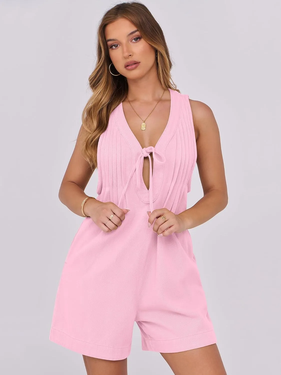 Caracilia Women Oversized Denim Romper Summer Casual V Neck Tie Front Sleeveless Jean Jumpsuits Short Overalls with Pockets