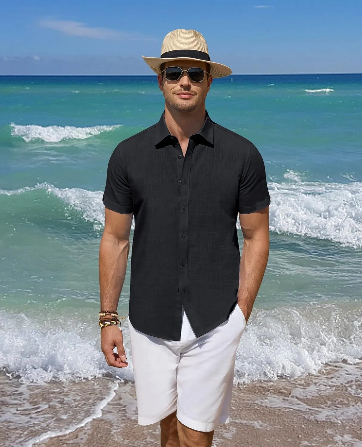DEMEANOR Linen Shirts for Men Short Sleeve Button Down Shirts Summer Beach Casual Linen Button Up Shirt Vacation Wedding