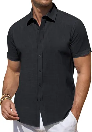 DEMEANOR Linen Shirts for Men Short Sleeve Button Down Shirts Summer Beach Casual Linen Button Up Shirt Vacation Wedding