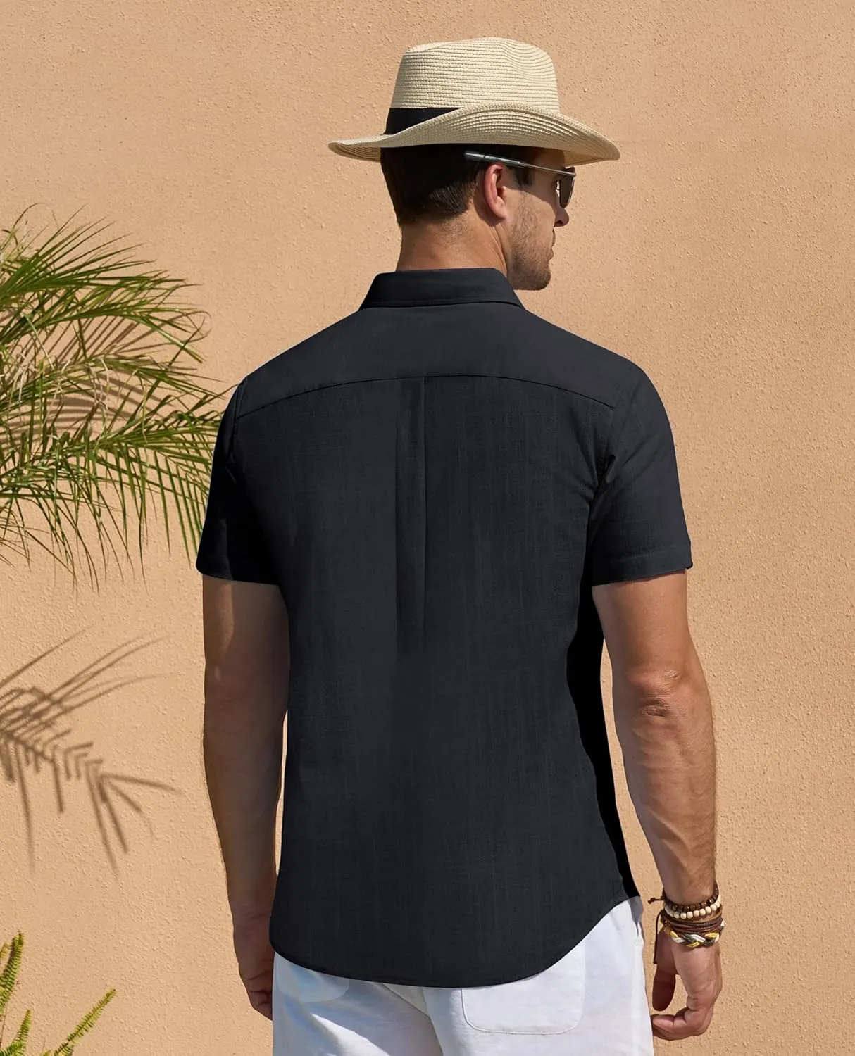 DEMEANOR Linen Shirts for Men Short Sleeve Button Down Shirts Summer Beach Casual Linen Button Up Shirt Vacation Wedding