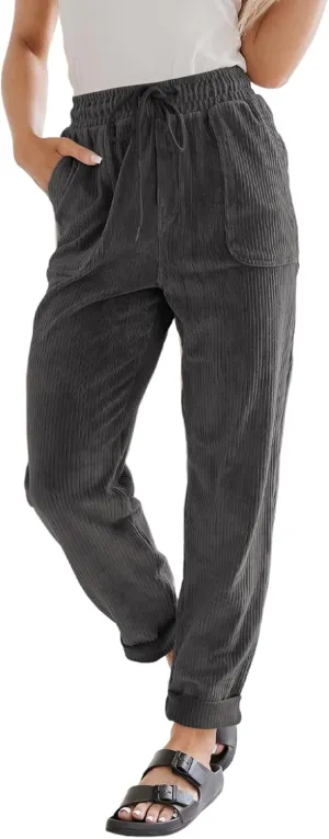 EVALESS Corduroy Pants for Women Casual Drawstring Elastic High Waist Straight Leg Pants Loose Comfy Trousers with Pockets