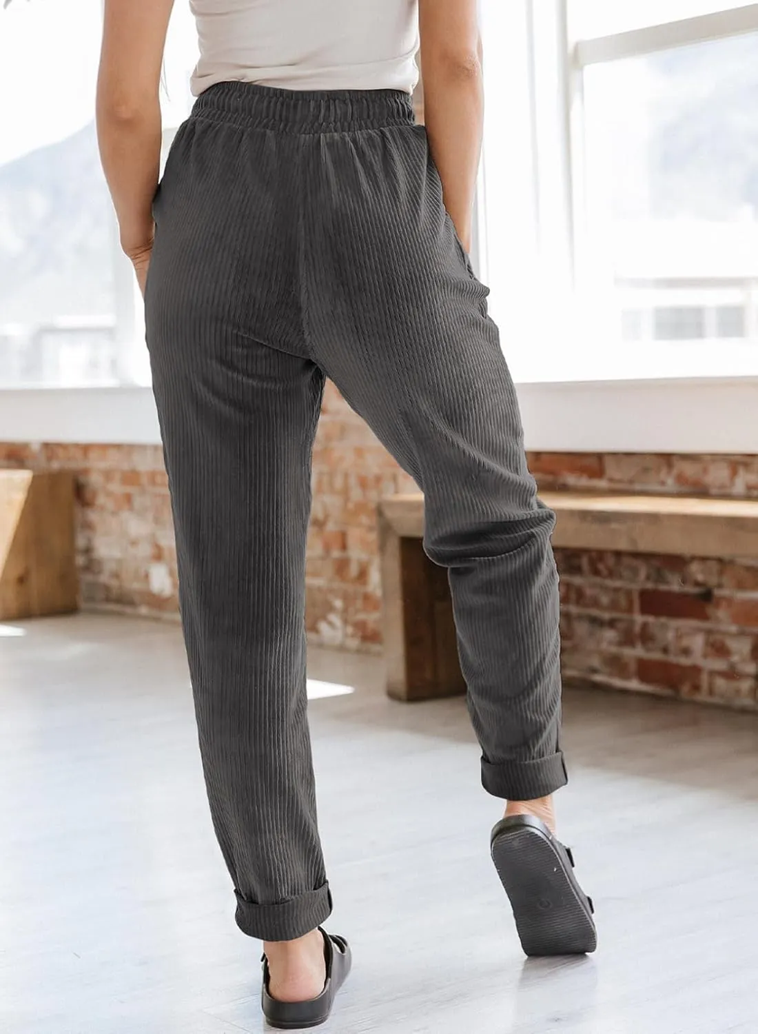 EVALESS Corduroy Pants for Women Casual Drawstring Elastic High Waist Straight Leg Pants Loose Comfy Trousers with Pockets