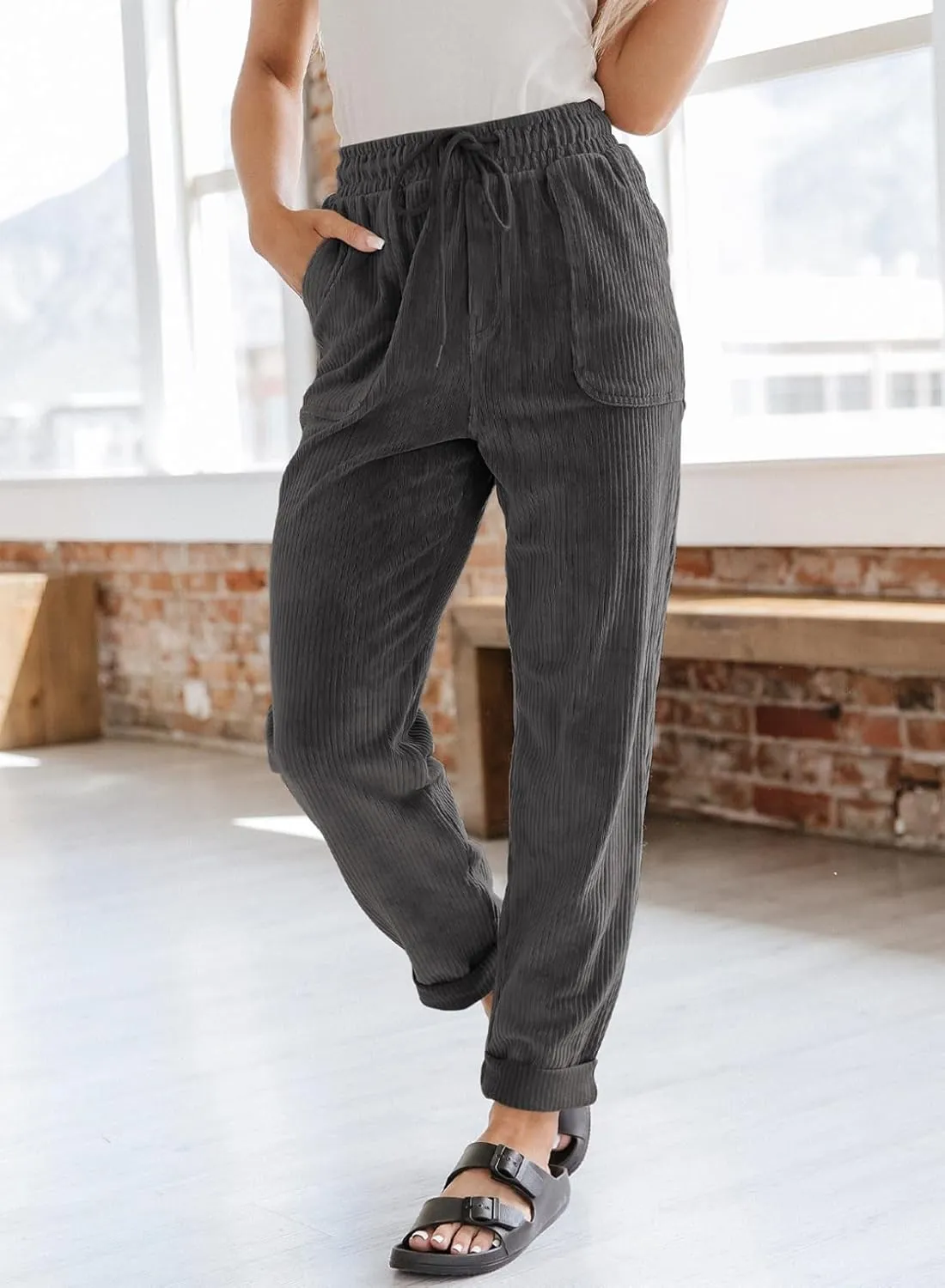 EVALESS Corduroy Pants for Women Casual Drawstring Elastic High Waist Straight Leg Pants Loose Comfy Trousers with Pockets