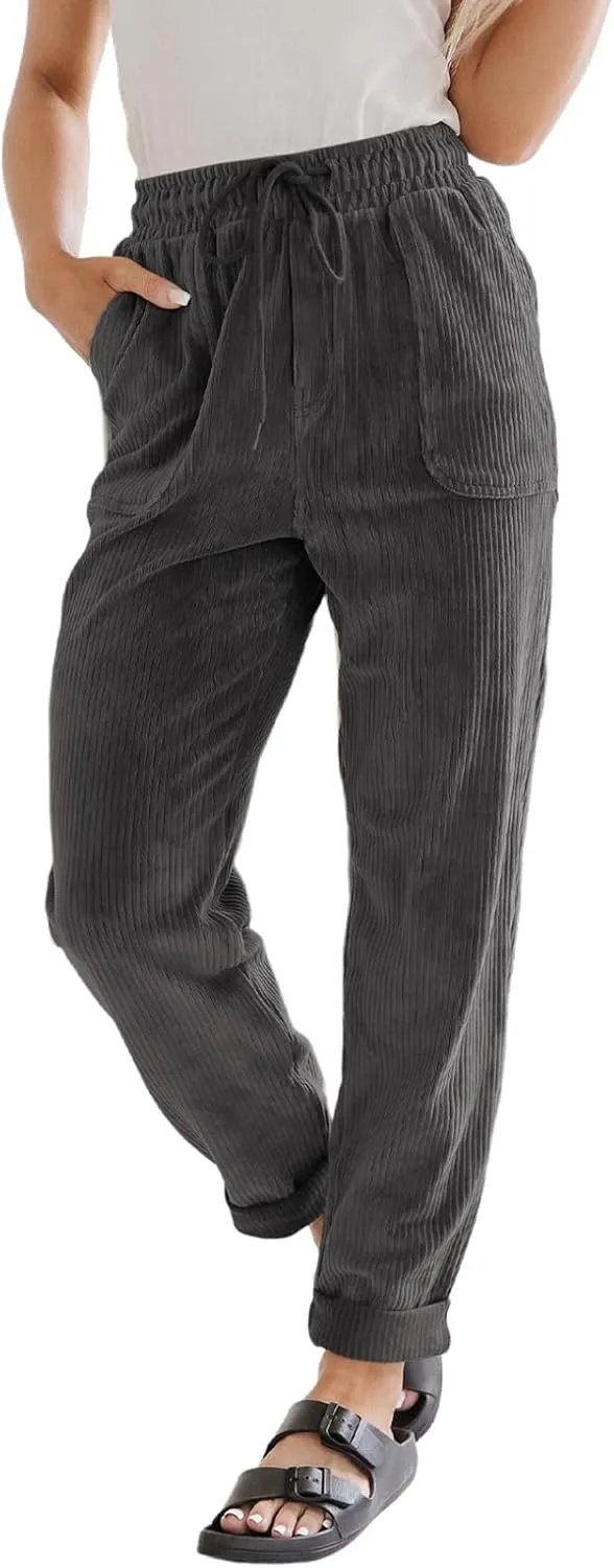 EVALESS Corduroy Pants for Women Casual Drawstring Elastic High Waist Straight Leg Pants Loose Comfy Trousers with Pockets