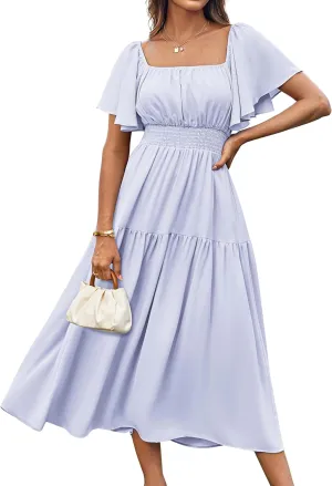 GRACE KARIN Women's Summer Short Sleeve Square Neck Smocked Waist Casual Vacation Tiered Flowy Maxi Dress