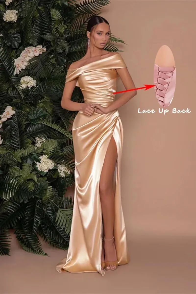 GUKARLEED Women's Off The Shoulder Satin Prom Dresses Mermaid Bridesmaid Dresses Corset Formal Dress Evening Gowns with Slit