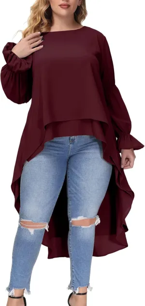Hanna Nikole Women Plus Size High Low Tops Lantern Sleeve Asymmetrical Hem Blouse Shirt Dress
