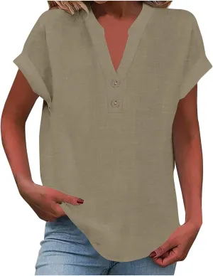Linen Button Down Shirt Women Loose V-Neck T-Shirts Casual Short Sleeve Beach Blouse Summer Bohemian Tops
