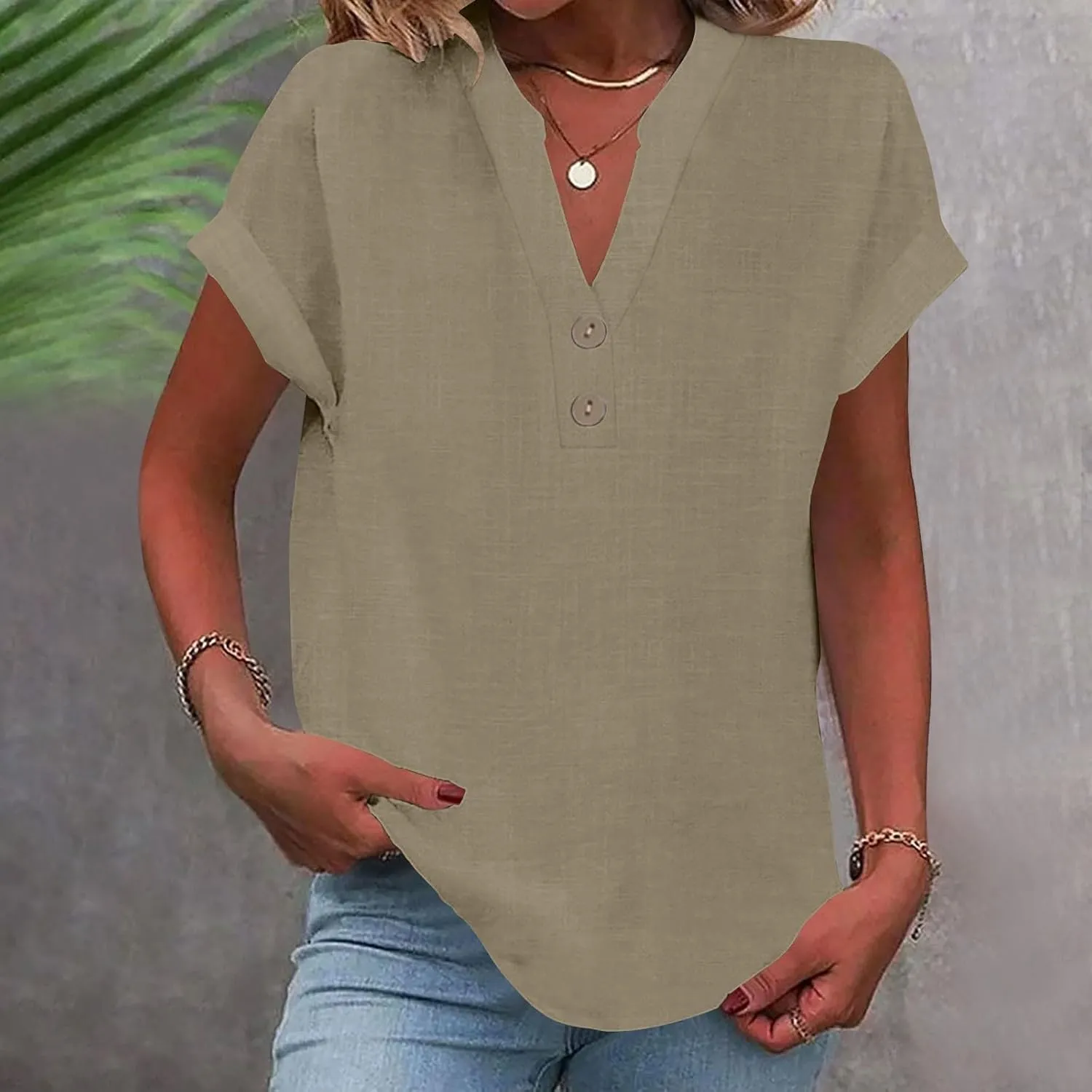 Linen Button Down Shirt Women Loose V-Neck T-Shirts Casual Short Sleeve Beach Blouse Summer Bohemian Tops