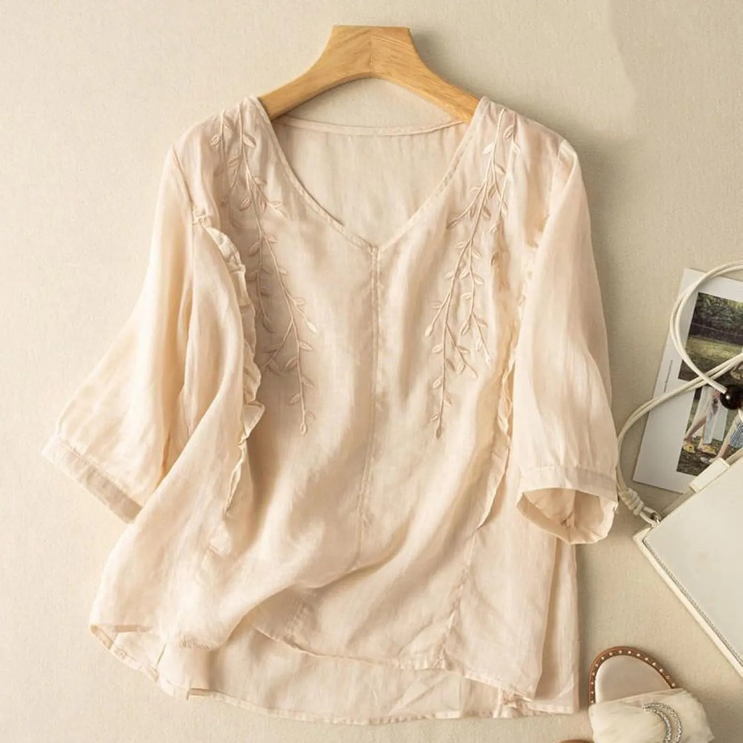 Linen Shirts for Women 2025 Trendy Summer 3/4 Sleeve Tops Dressy Casual Loose Boho Cute Blouses
