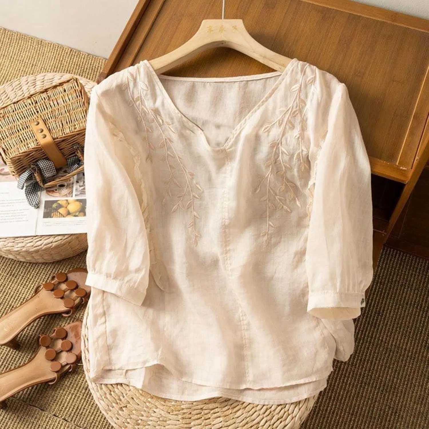 Linen Shirts for Women 2025 Trendy Summer 3/4 Sleeve Tops Dressy Casual Loose Boho Cute Blouses