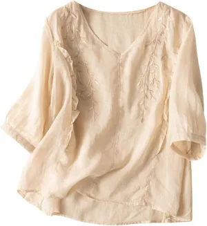 Linen Shirts for Women 2025 Trendy Summer 3/4 Sleeve Tops Dressy Casual Loose Boho Cute Blouses