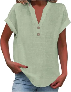 Linen Shirts for Women V Neck Button Down Blouse Short Sleeve Office Work Tops Vintage Vacation Tees Shirt Blouse Tops
