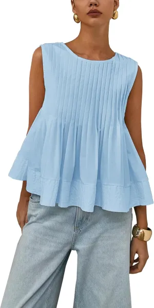 Lumister Womens Peplum Babydoll Tops Cute Pleated Sleeveless Ruffle Strap T Shirts Tank Summer Tops