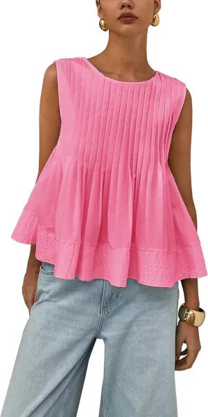 Lumister Womens Peplum Babydoll Tops Cute Pleated Sleeveless Ruffle Strap T Shirts Tank Summer Tops