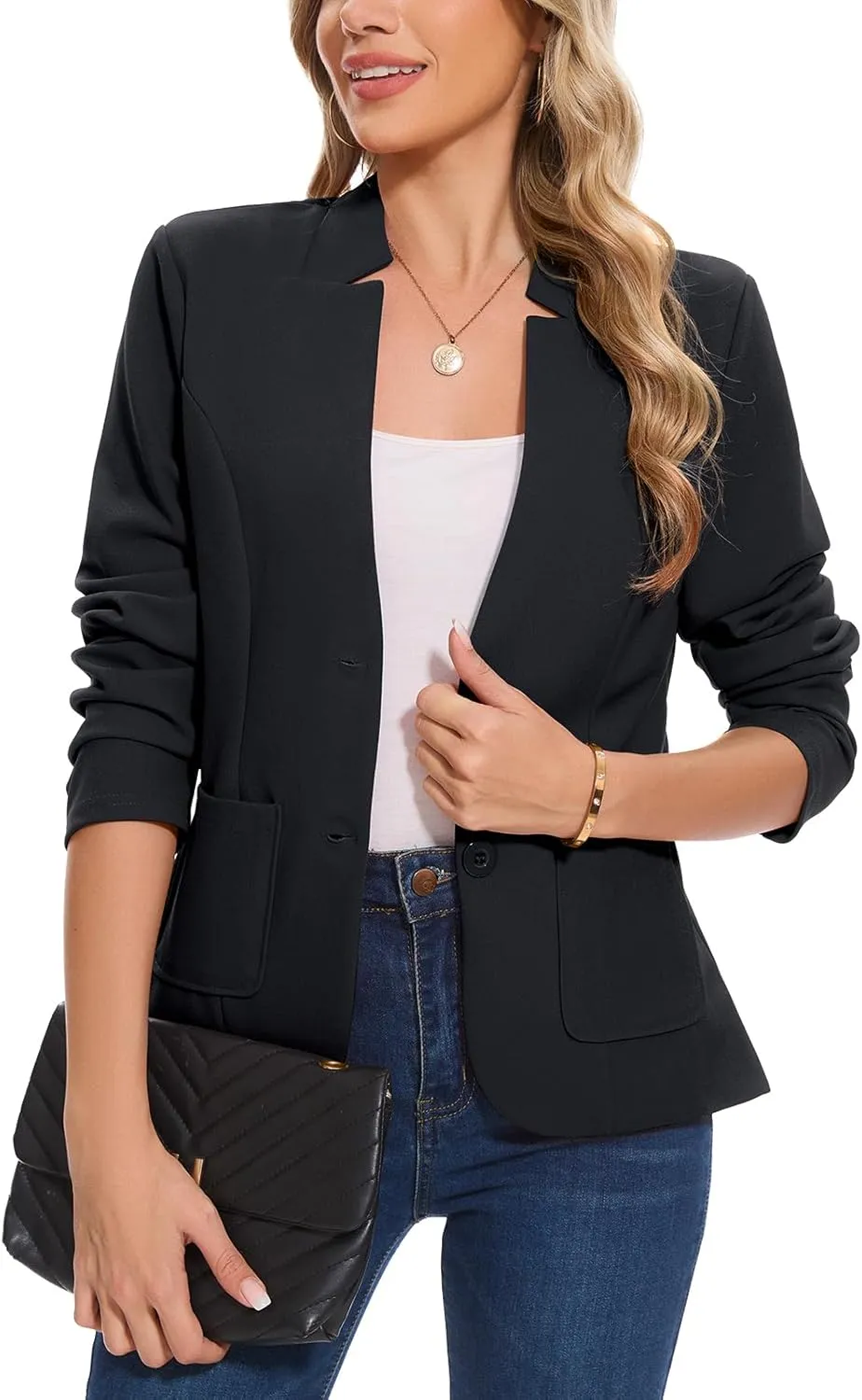 MINTLIMIT Blazers for Women Long Sleeve Notch Collar Blazer Button Front Casual Work Office Suit Jackets with Pockets