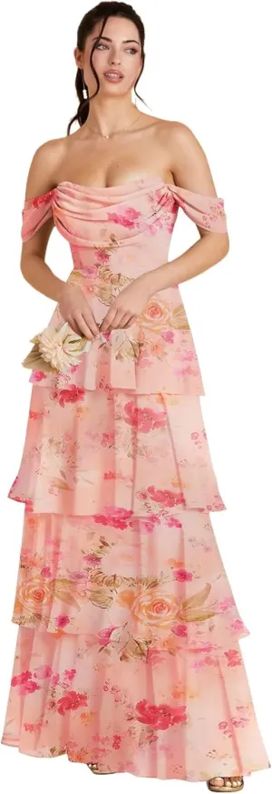 Off Shoulder Chiffon Bridesmaid Dresses Long for Women Tiered Ruffles A Line Formal Evening Dress