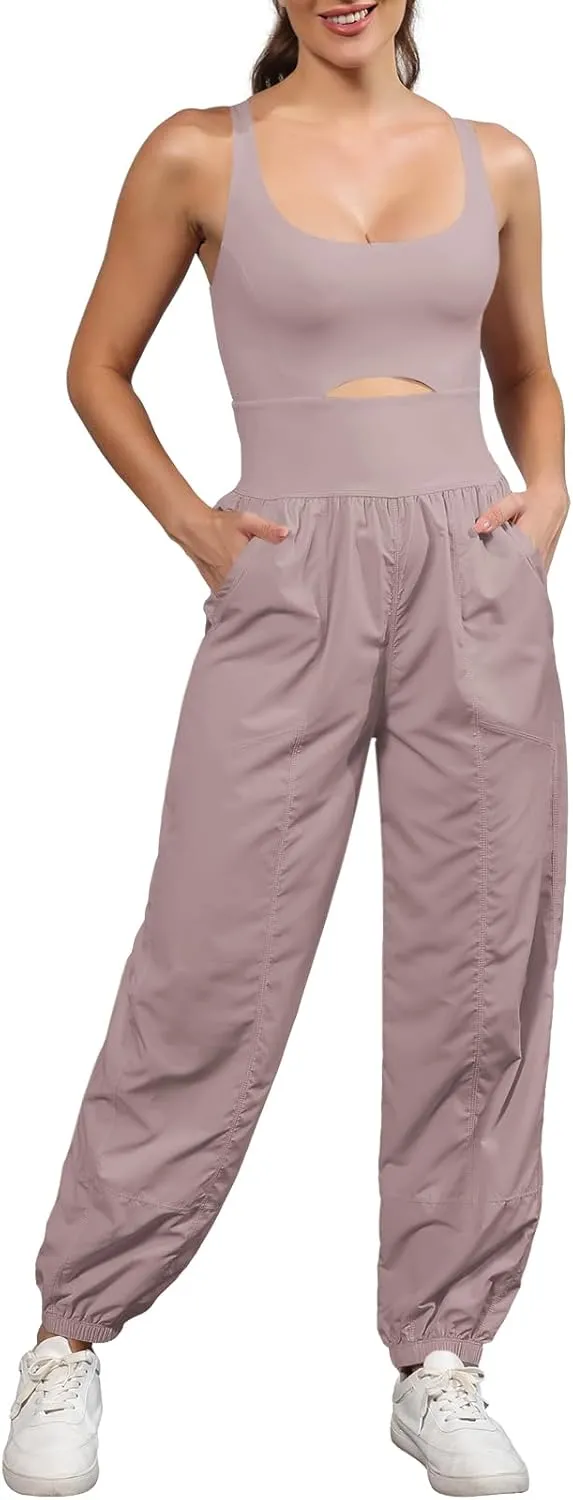 Panadila Womens Workout Onesie Athletic Romper One Piece Jumpsuits Backless Tops Hiking Pants with Pockets