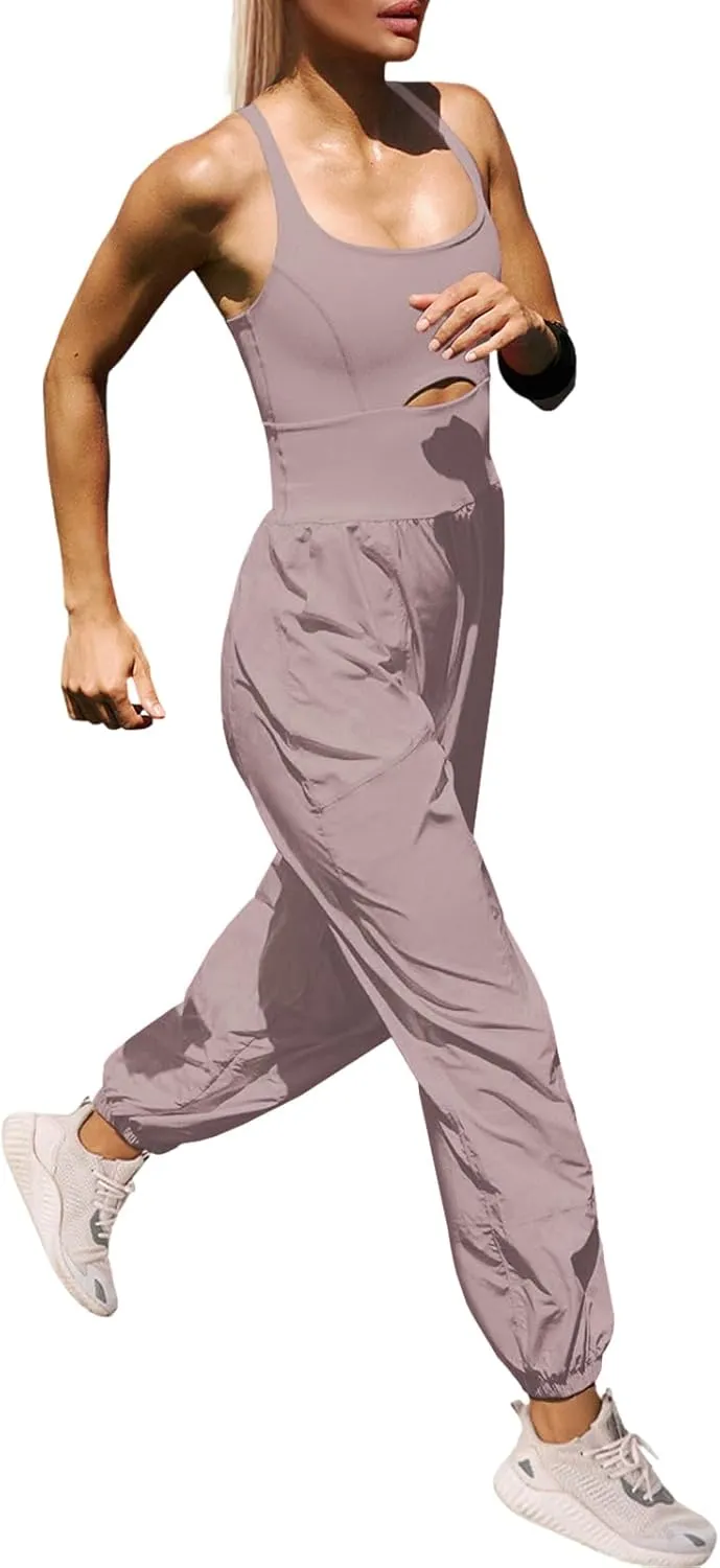 Panadila Womens Workout Onesie Athletic Romper One Piece Jumpsuits Backless Tops Hiking Pants with Pockets