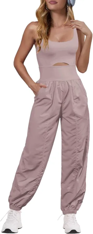 Panadila Womens Workout Onesie Athletic Romper One Piece Jumpsuits Backless Tops Hiking Pants with Pockets