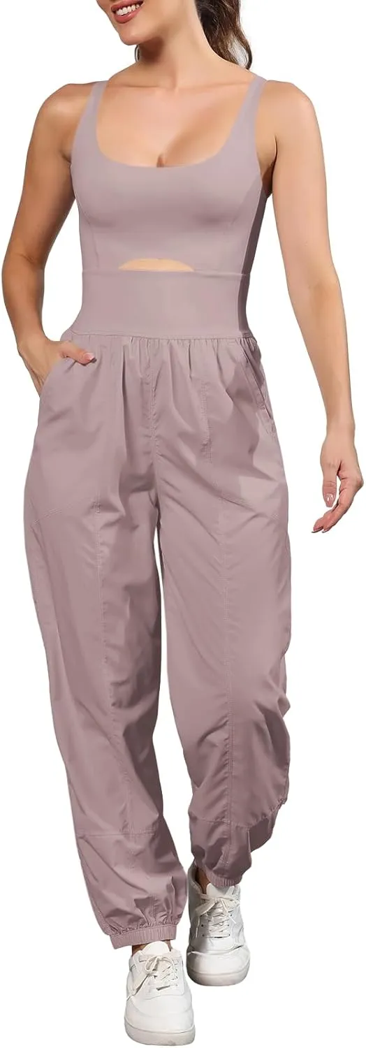 Panadila Womens Workout Onesie Athletic Romper One Piece Jumpsuits Backless Tops Hiking Pants with Pockets