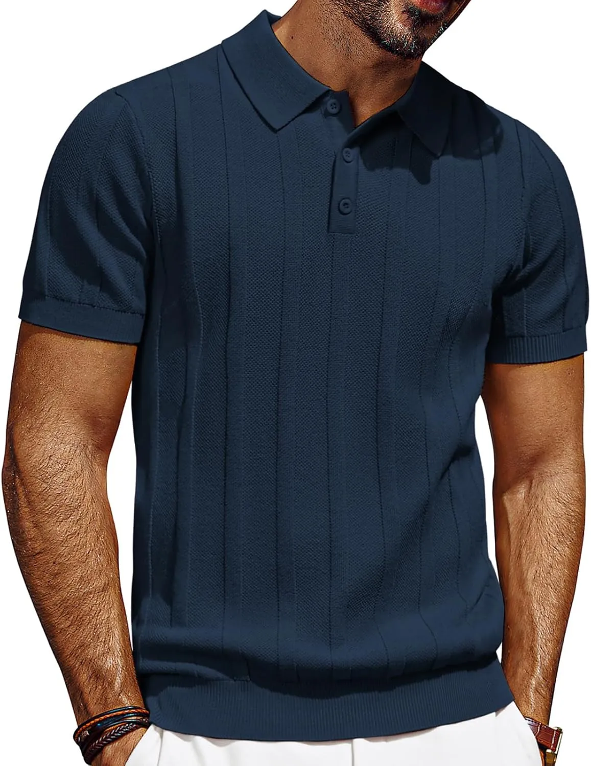 PJ PAUL JONES Mens Polo Shirts Short Sleeve Textured Knit Polo Shirt Ribbed Casual Golf Shirts