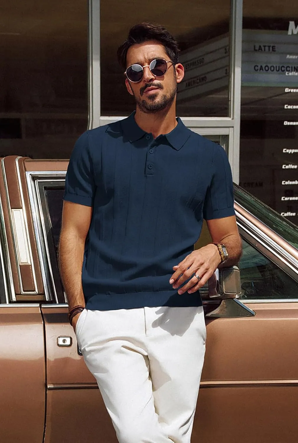 PJ PAUL JONES Mens Polo Shirts Short Sleeve Textured Knit Polo Shirt Ribbed Casual Golf Shirts
