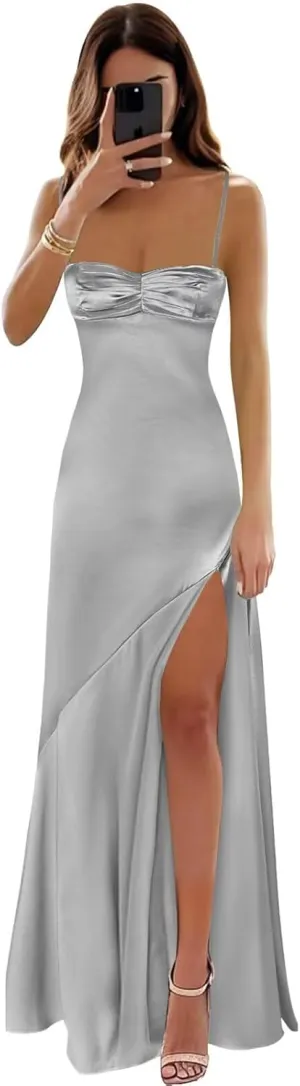 Satin Corset Prom Dresses Long Spaghetti Straps A-Line Pleated Bridesmaid Dress Formal Evening Gowns with Slit
