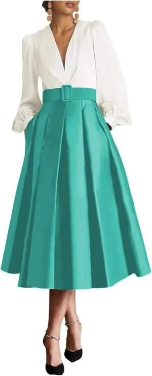 Satin Tea Length Prom Dresses for Women Long Sleeves Elegant Evening Gown A Line Wedding Guest Dress with Pocktes