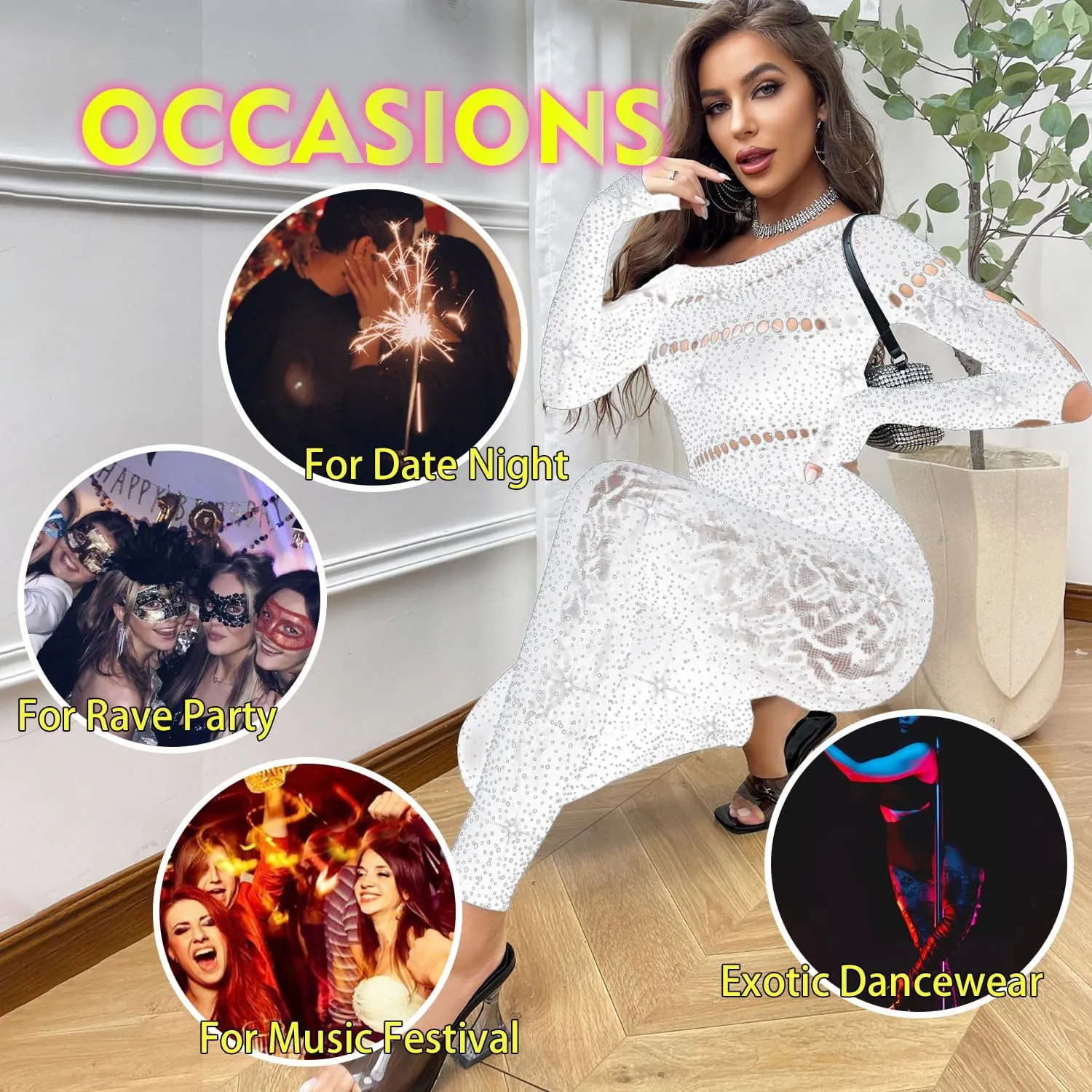 Sexy Club Outfits for Women Rhinestone Jumpsuit Off Shoulder Jumpsuits Long Sleeve Bodycon Romper Clubwear Rave Party