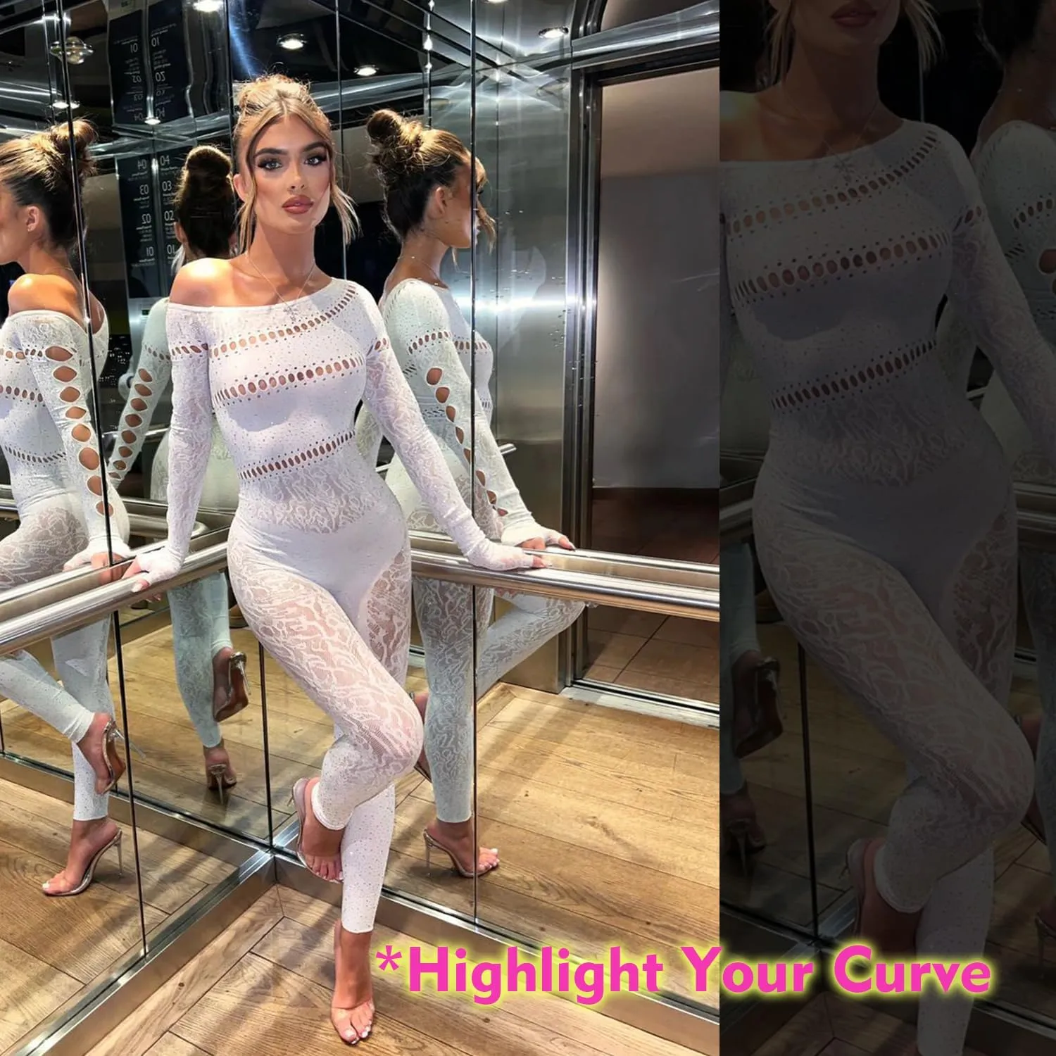 Sexy Club Outfits for Women Rhinestone Jumpsuit Off Shoulder Jumpsuits Long Sleeve Bodycon Romper Clubwear Rave Party