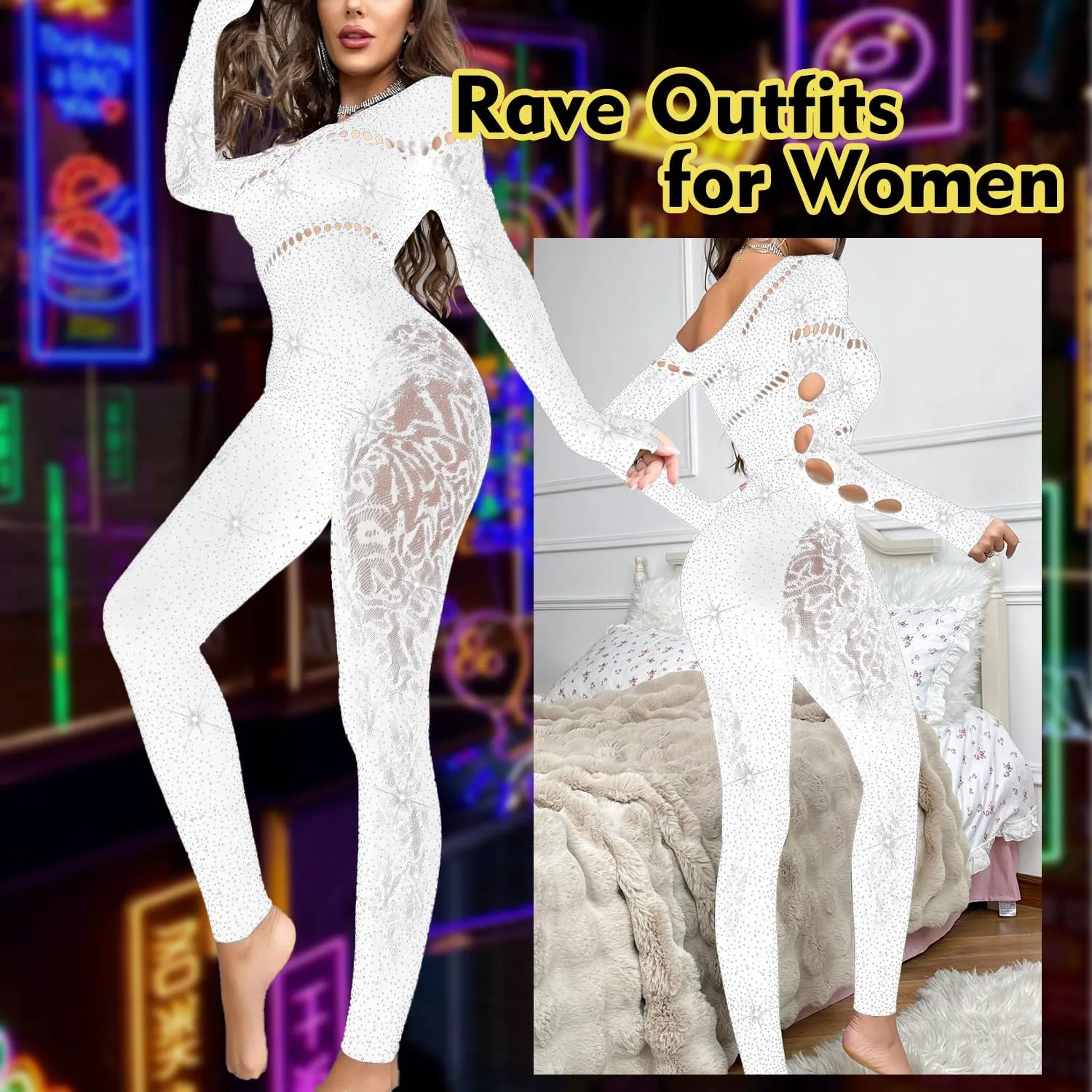 Sexy Club Outfits for Women Rhinestone Jumpsuit Off Shoulder Jumpsuits Long Sleeve Bodycon Romper Clubwear Rave Party