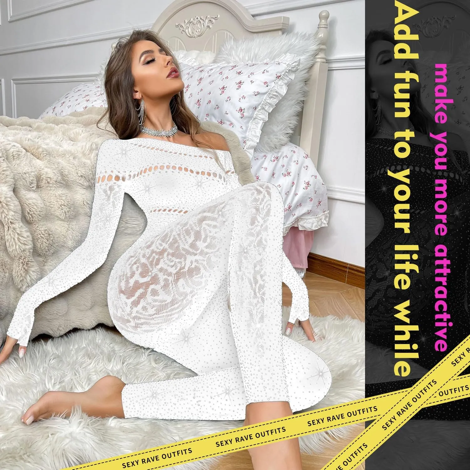 Sexy Club Outfits for Women Rhinestone Jumpsuit Off Shoulder Jumpsuits Long Sleeve Bodycon Romper Clubwear Rave Party