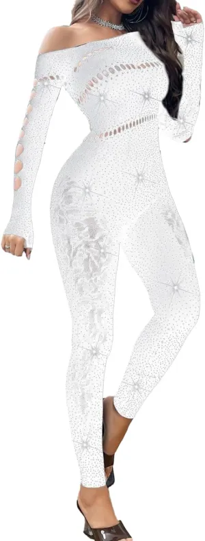 Sexy Club Outfits for Women Rhinestone Jumpsuit Off Shoulder Jumpsuits Long Sleeve Bodycon Romper Clubwear Rave Party