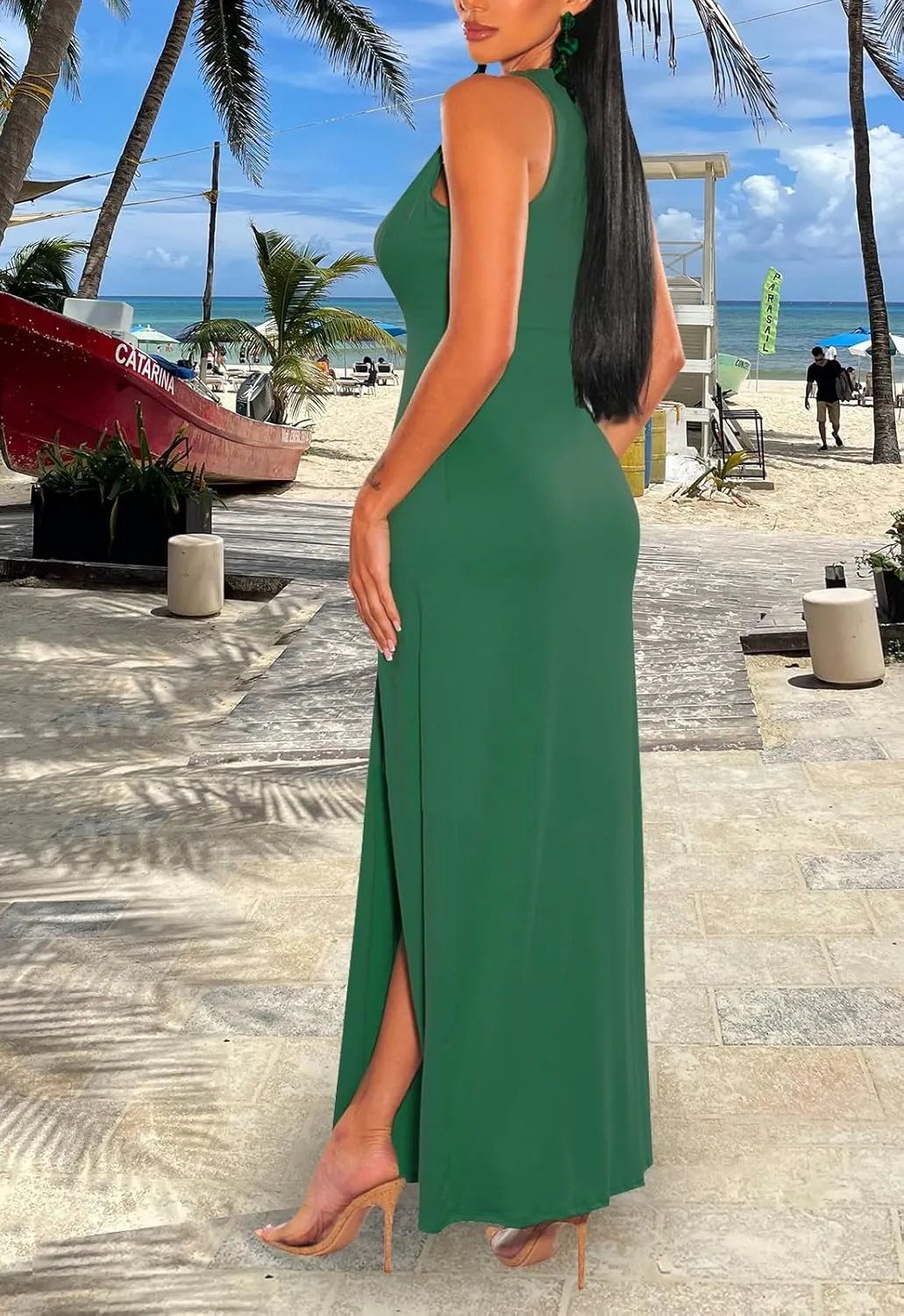Sexy Maxi Dress for Women Sleeveless Front High Split Deep V Neck Party Long Bodycon Tank Dress