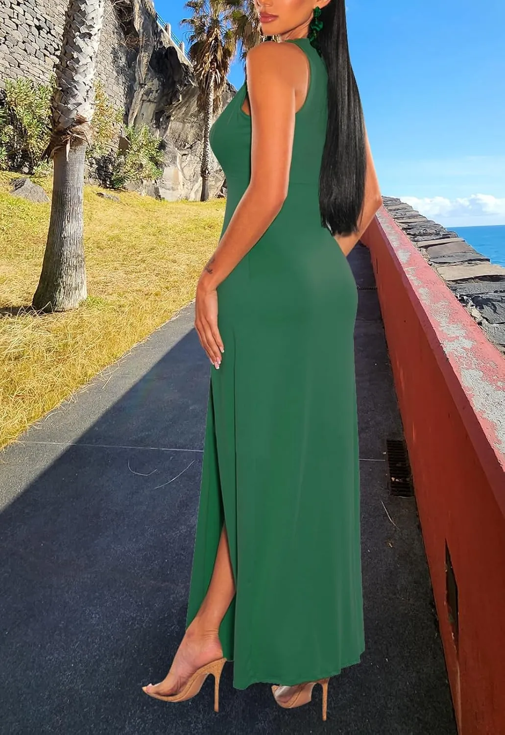 Sexy Maxi Dress for Women Sleeveless Front High Split Deep V Neck Party Long Bodycon Tank Dress