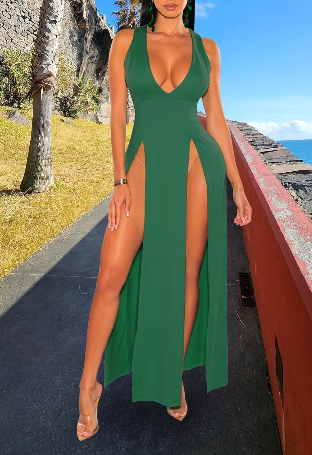 Sexy Maxi Dress for Women Sleeveless Front High Split Deep V Neck Party Long Bodycon Tank Dress