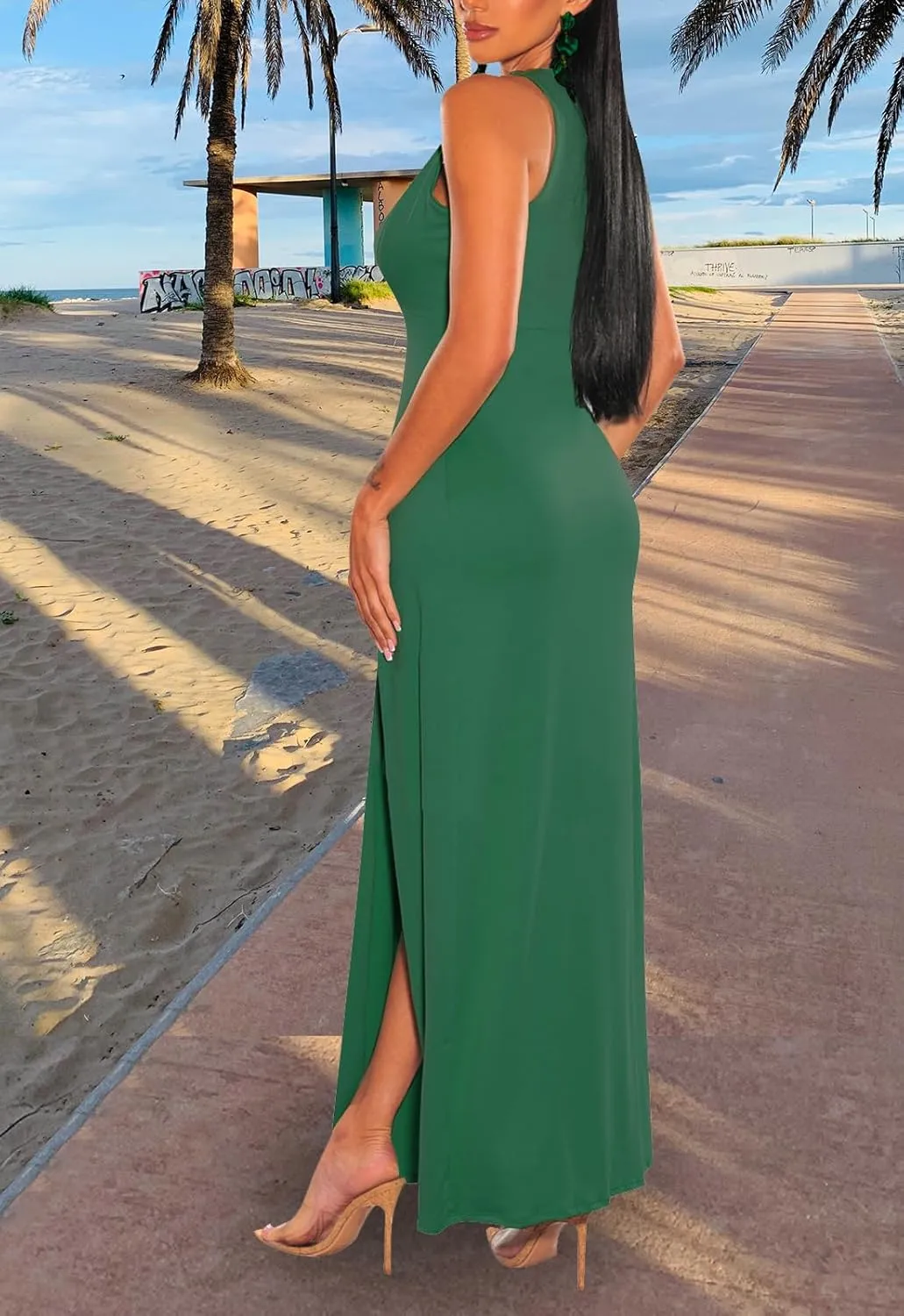 Sexy Maxi Dress for Women Sleeveless Front High Split Deep V Neck Party Long Bodycon Tank Dress